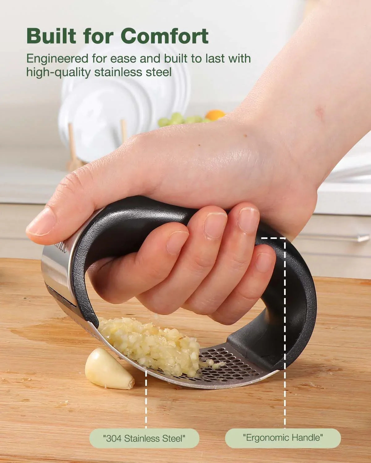 Garlic Press Rocker - Stainless Steel Garlic Crusher, Mincer and Chopper with Peeler & Scraper, Easy Kitchen Gadget for Effortless Smashing