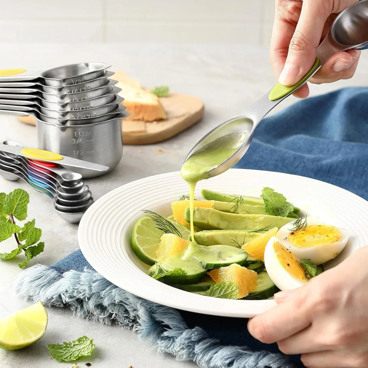 Magnetic Measuring Cups & Spoons Set, Patented, Strong N45 Magnets, Heavy Duty Stainless Steel Fits in Spice Jars for Baking & Cooking, BPA Free, Set of 15 with Leveler, Multicolor