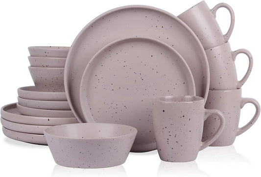 Jade Stoneware 16 Piece Dinnerware Set, Home Kitchen Dish Set with Dinner Plates, Salad Plates, Bowls, & Mugs - Service for 4, Taupe