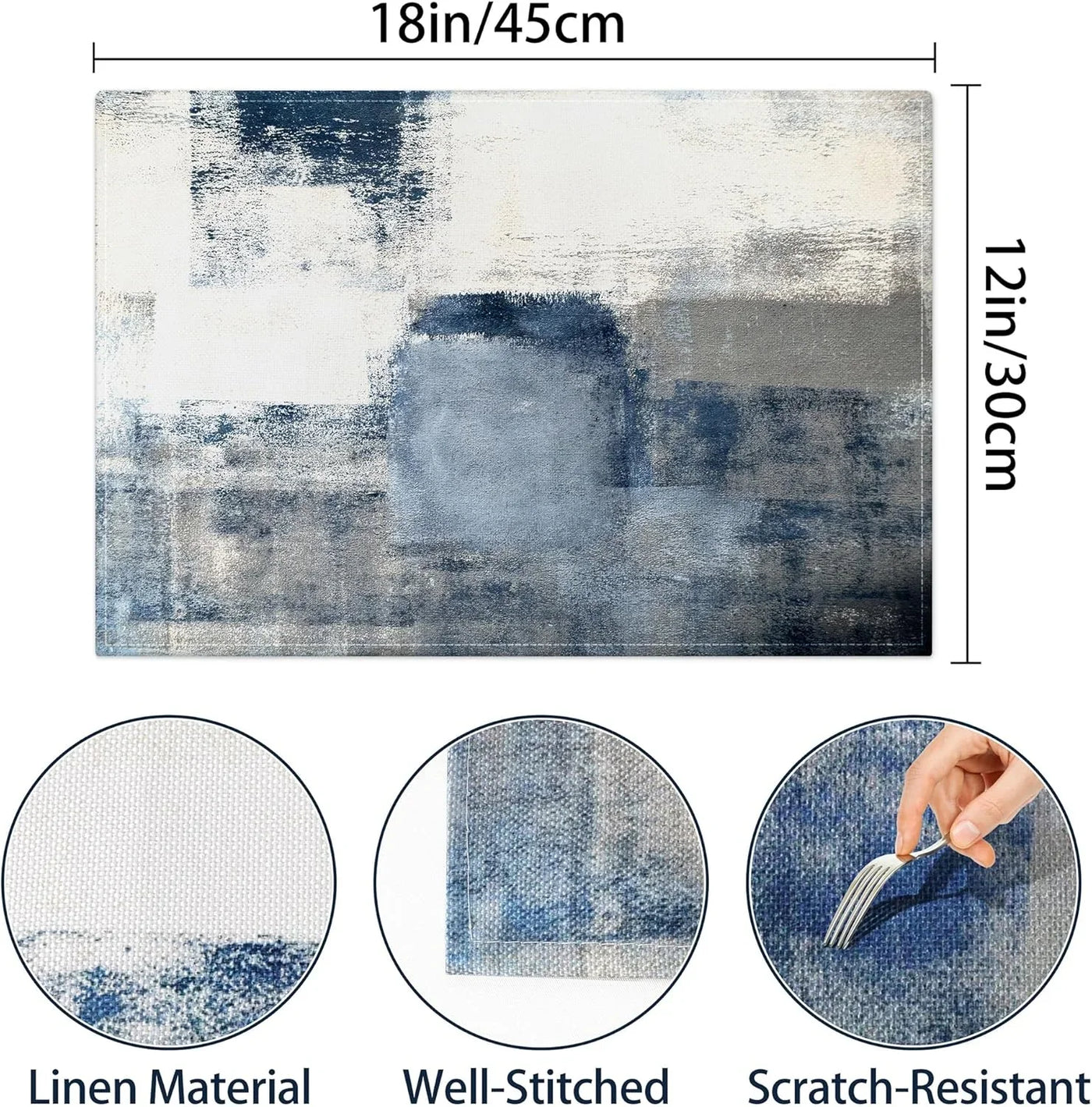 Blue and Gray Placemats Washable, Linen Rectangular Place Mats Set of 4, Dining Table Decor for Living Room, Kitchen, Farmhouse and Outdoor (White Gray, 12X18 Inch)