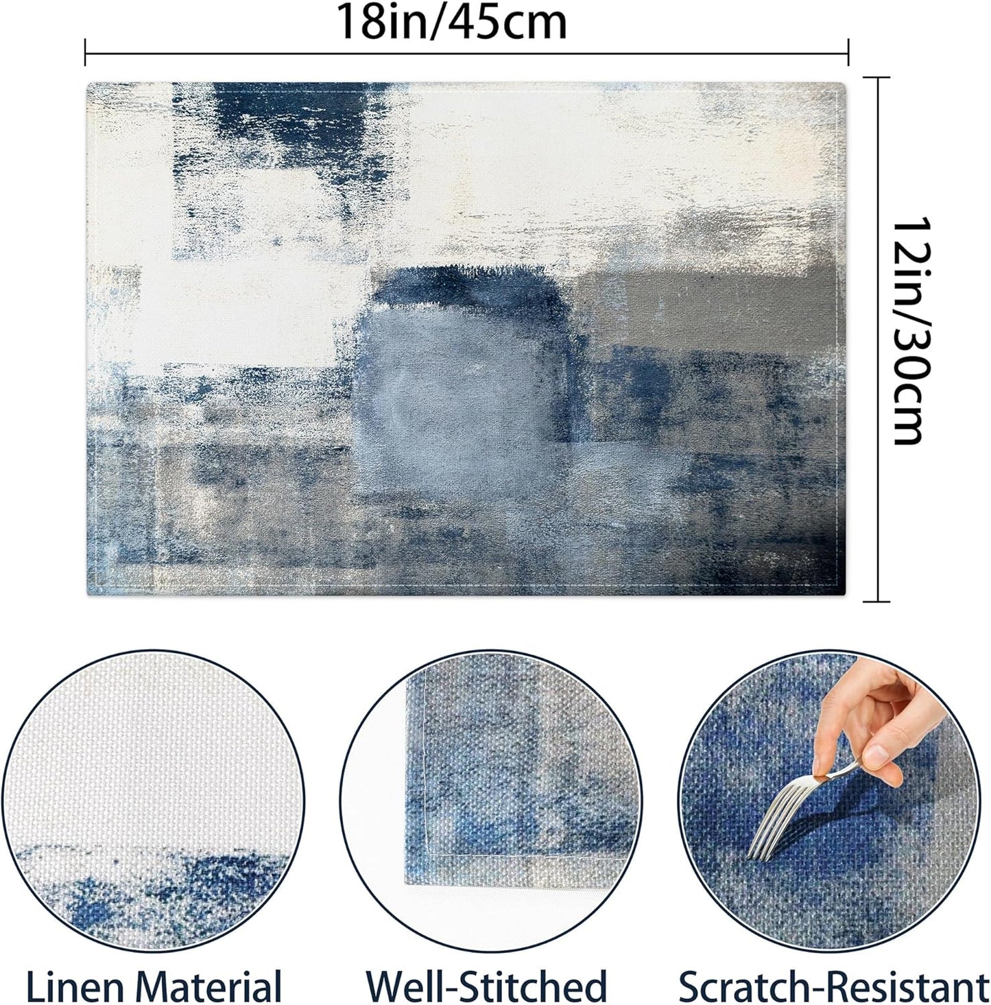 Blue and Gray Placemats Washable, Linen Rectangular Place Mats Set of 4, Dining Table Decor for Living Room, Kitchen, Farmhouse and Outdoor (White Gray, 12X18 Inch)