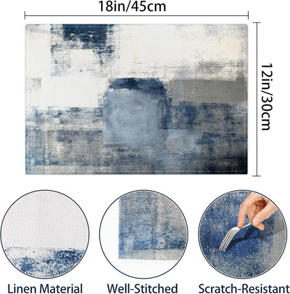 Blue and Gray Placemats Washable, Linen Rectangular Place Mats Set of 4, Dining Table Decor for Living Room, Kitchen, Farmhouse and Outdoor (White Gray, 12X18 Inch)