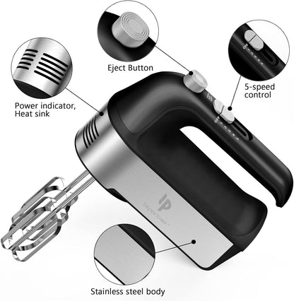 Hand Mixer Electric, 450W Kitchen Mixers with Scale Cup Storage Case, Turbo Boost/Self-Control Speed + 5 Speed + Eject Button + 5 Stainless Steel Accessories, for Easy Whipping Dough, Cream, Black