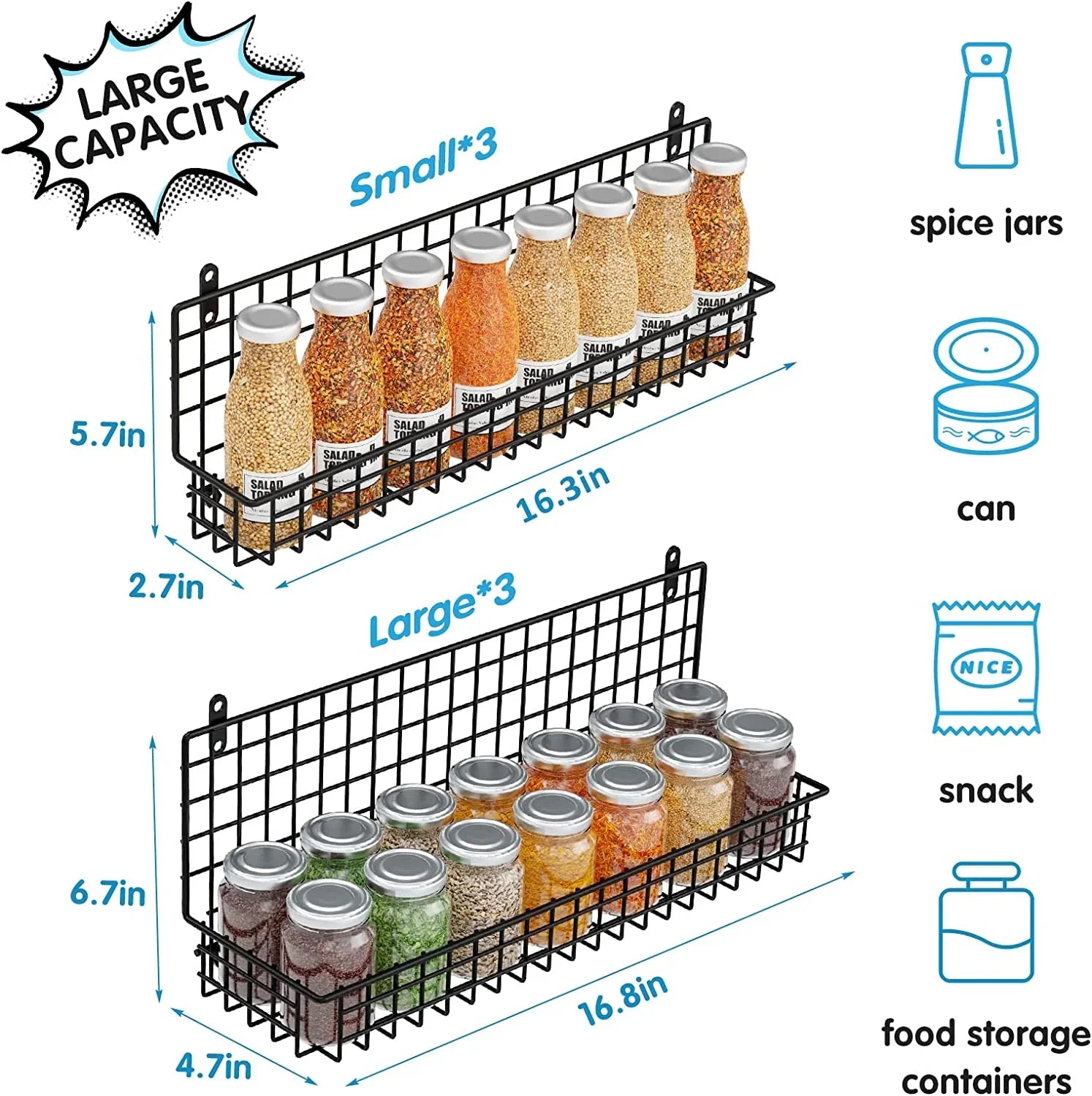 6-Tier Spice Rack Organizer with Door Hook, Wall Mounted & over the Door Spice Racks for Kitchen Pantry Door Cabinet, Two Size, Large Capacity, Black