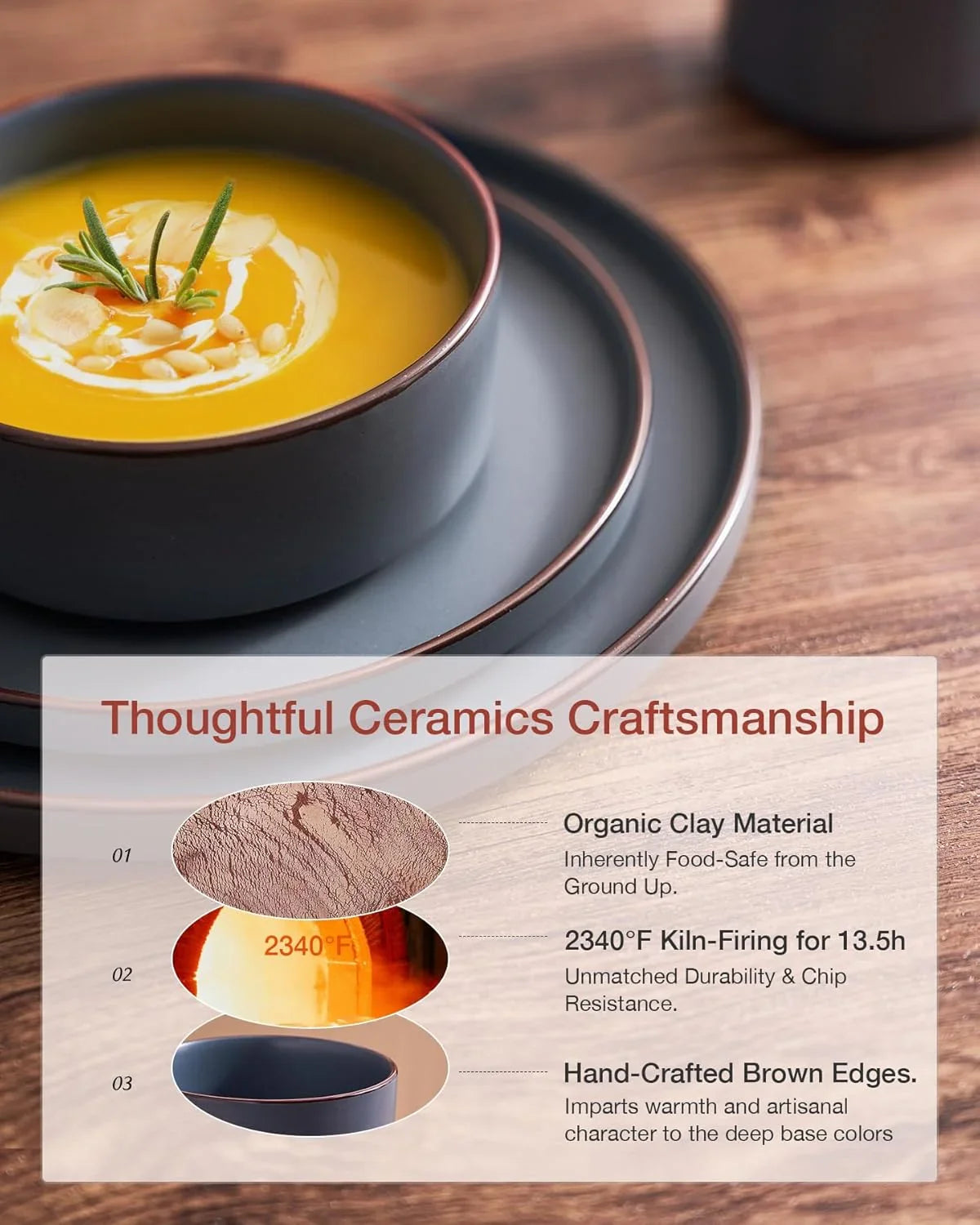 Nebula Ridge Stoneware Dinnerware Sets, Plates and Bowls Sets for 4, 12 Pieces Dishes Set, Microwave and Dishwasher Safe Kitchen Plates, Charcoal