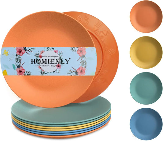 Wheat Straw Plates Unbreakable Flat Salad Plates Set of 8 Reusable Dinner Plate for Kitchen, Camping, RV, Microwave and Dishwasher Safe Plate Heavy Duty Paper Plates Alternative (Multi, 9In)
