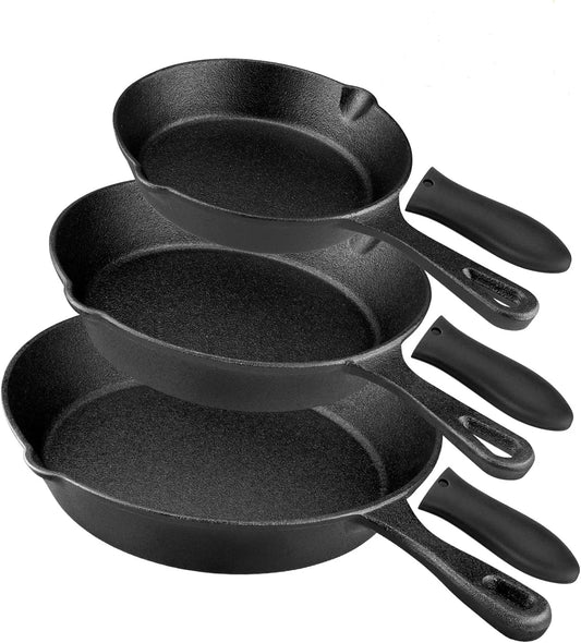 Pre-Seasoned Cast Iron Skillet Set - 3 Piece Frying Pan with Heat-Resistant Handles (6, 8, 10 Inch) for Frying, Saute, Pizza, Oven Safe (Black)