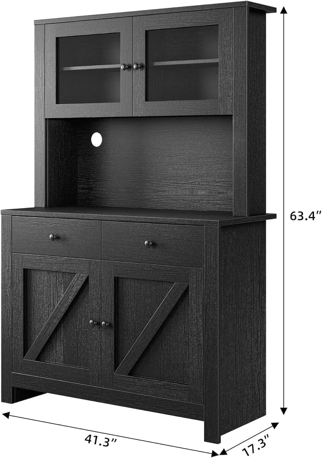 Black farmhouse hutch with glass doors, drawers, and barn door cabinets for kitchen storage