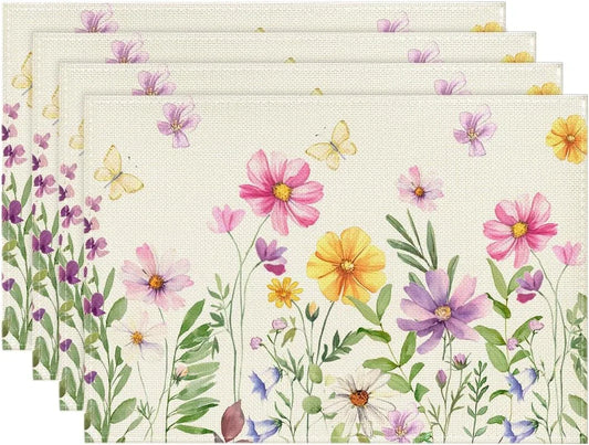 Floral Butterfly Summer Placemats Set of 4, 12X18 Inch Seasonal Spring Placemats for Party Kitchen Dining Summer Decoration