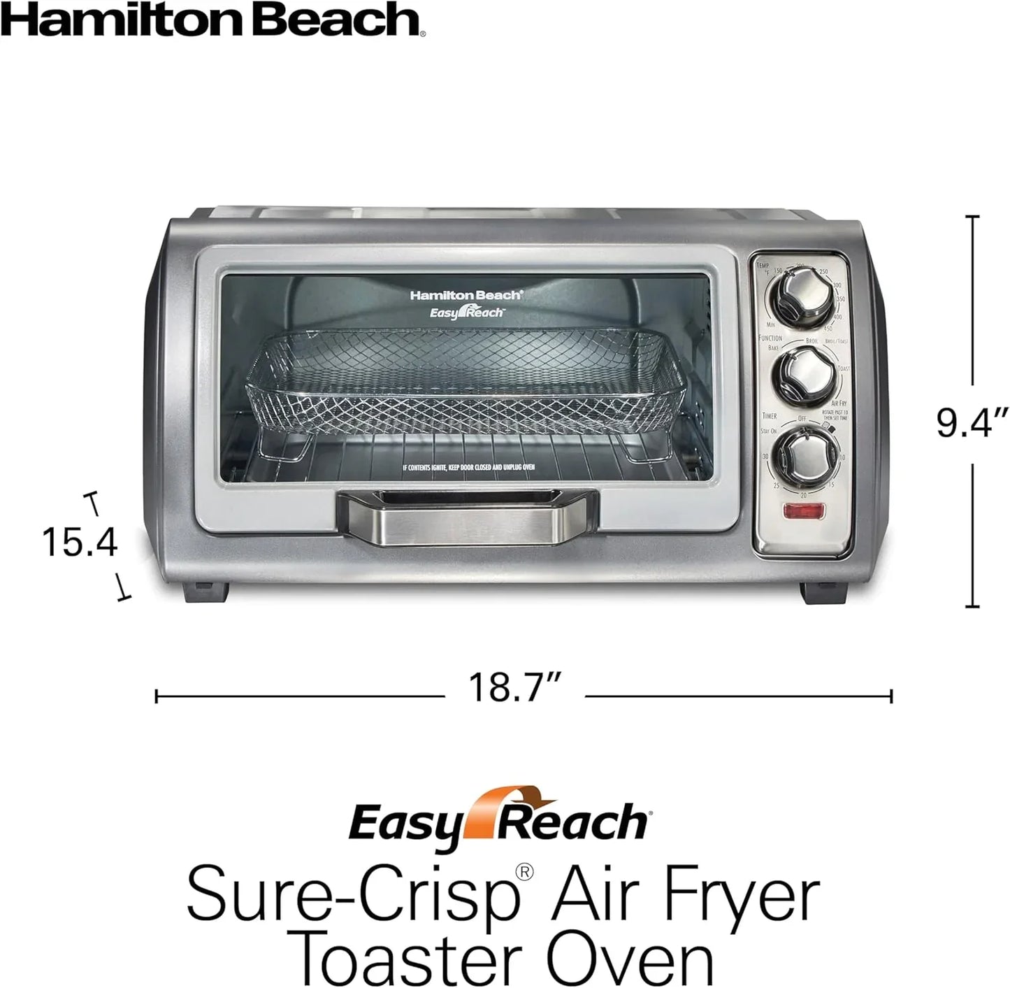 Air Fryer Toaster Oven Combo with Large Capacity, Fits 6 Slices or 12” Pizza, 4 Cooking Functions for Convection, Bake, Broil, Roll-Top Door, Easy Reach Sure-Crisp, Stainless Steel