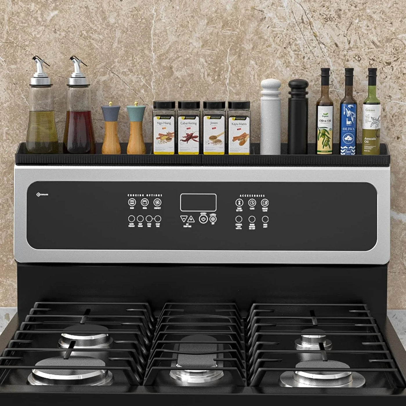 Magnetic Stove Top Shelf 30 Inch - Heat Resistant Silicone over the Stove Shelf Spice Rack Organizer - 3 Functional Partitions Kitchen Organization and Storage for Spices, Oils & Gadgets (Black)