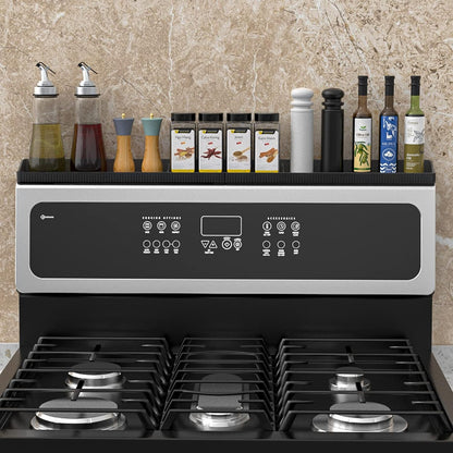 Magnetic Stove Top Shelf 30 Inch - Heat Resistant Silicone over the Stove Shelf Spice Rack Organizer - 3 Functional Partitions Kitchen Organization and Storage for Spices, Oils & Gadgets (Black)