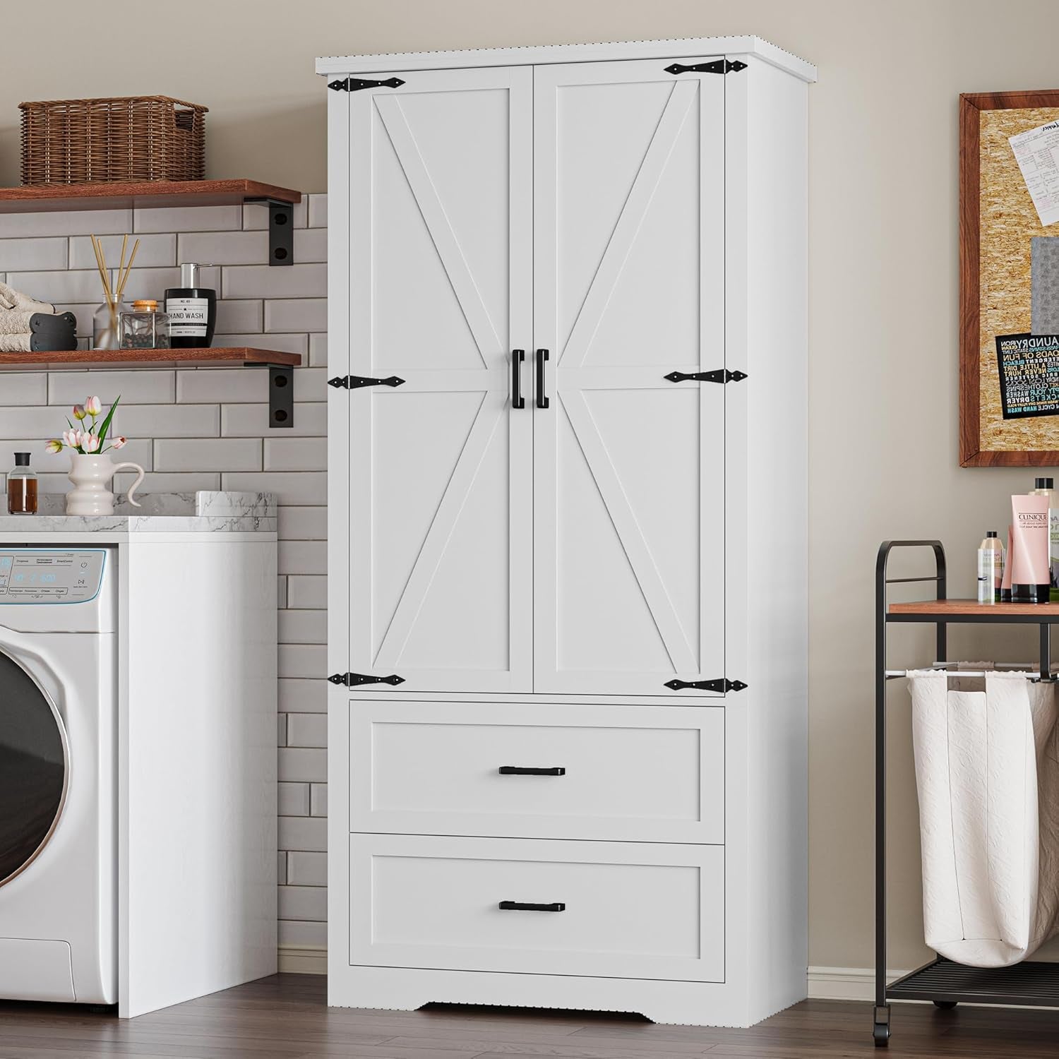 Pantry Organizers and Storage Cabinet, 71” Barn Door White Kitchen Cabinet with Drawers and Adjustable Shelf, Tall Pantry for Kitchen, Dining Room, Living Room. Bathroom and Office