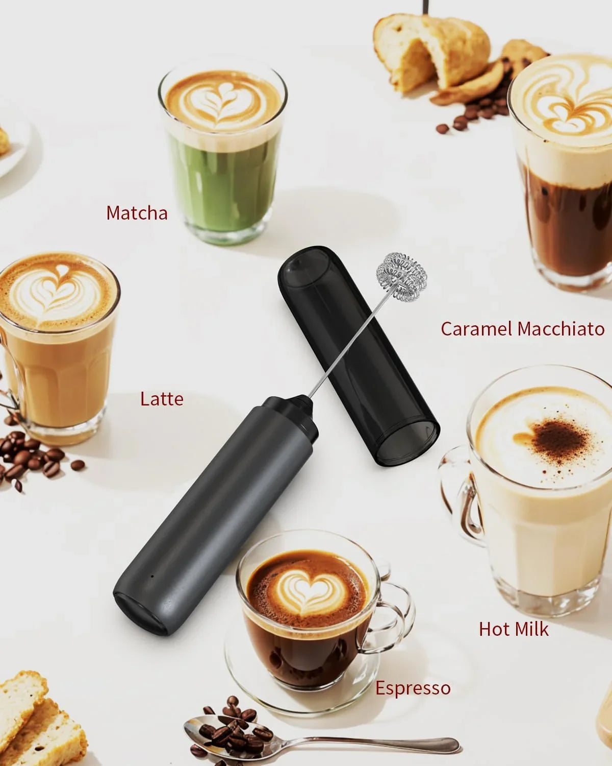 Rechargeable Milk Frother Hanheld, Dual Coil Whisk Head Electric Coffee Frother, Portable Hand Frother Wand Drink Mixer for Matcha Lattes Cappuccino, Kitchen Gifts, Black