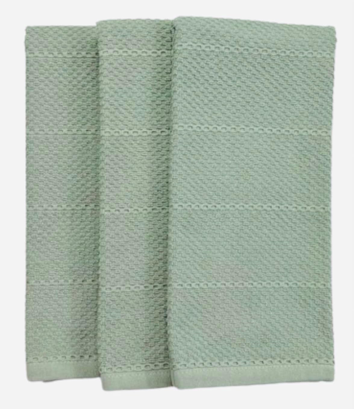 Sage Green Kitchen Dish Towels: 100% Cotton Cloth Soft Cleaning Drying Absorbent Textured Terry Loop, Set of 3 Multipurpose for Everyday Use
