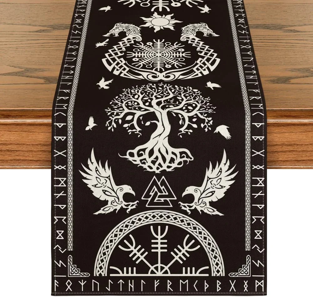 Black Viking Tree of Life Raven Helmet of Awe Table Runner, Seasonal Kitchen Dining Table Decoration for Home Party Decor 13X72 Inch