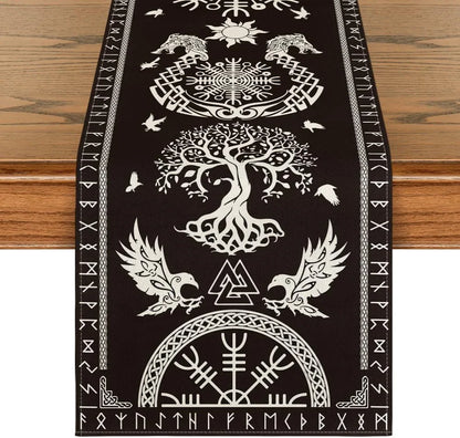 Black Viking Tree of Life Raven Helmet of Awe Table Runner, Seasonal Kitchen Dining Table Decoration for Home Party Decor 13X72 Inch