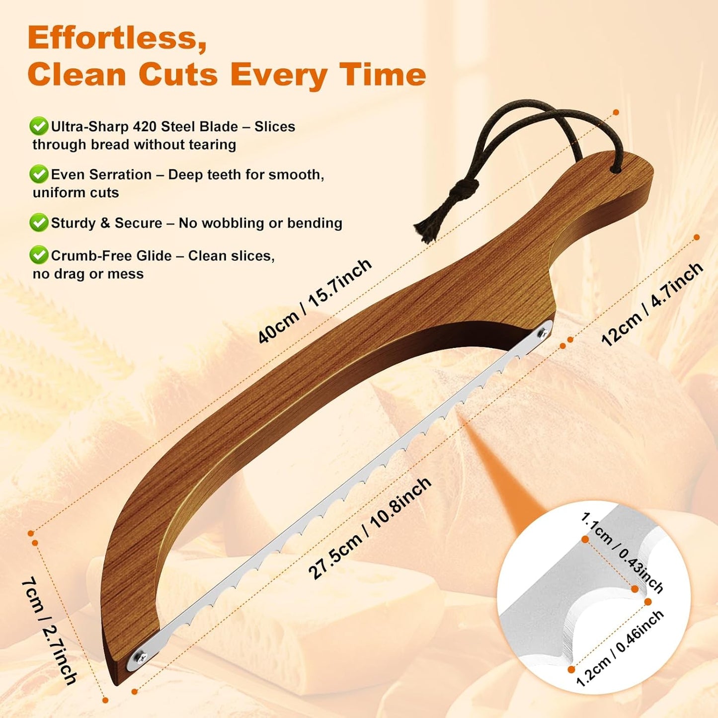 Bread Knife for Homemade Bread – 16" Walnut Bow Bread Cutter with Ultra-Sharp Serrated Stainless Steel Blade, Sourdough Bread Knife for Bagels, Baguettes, and Rustic Loaves - Walnut Color