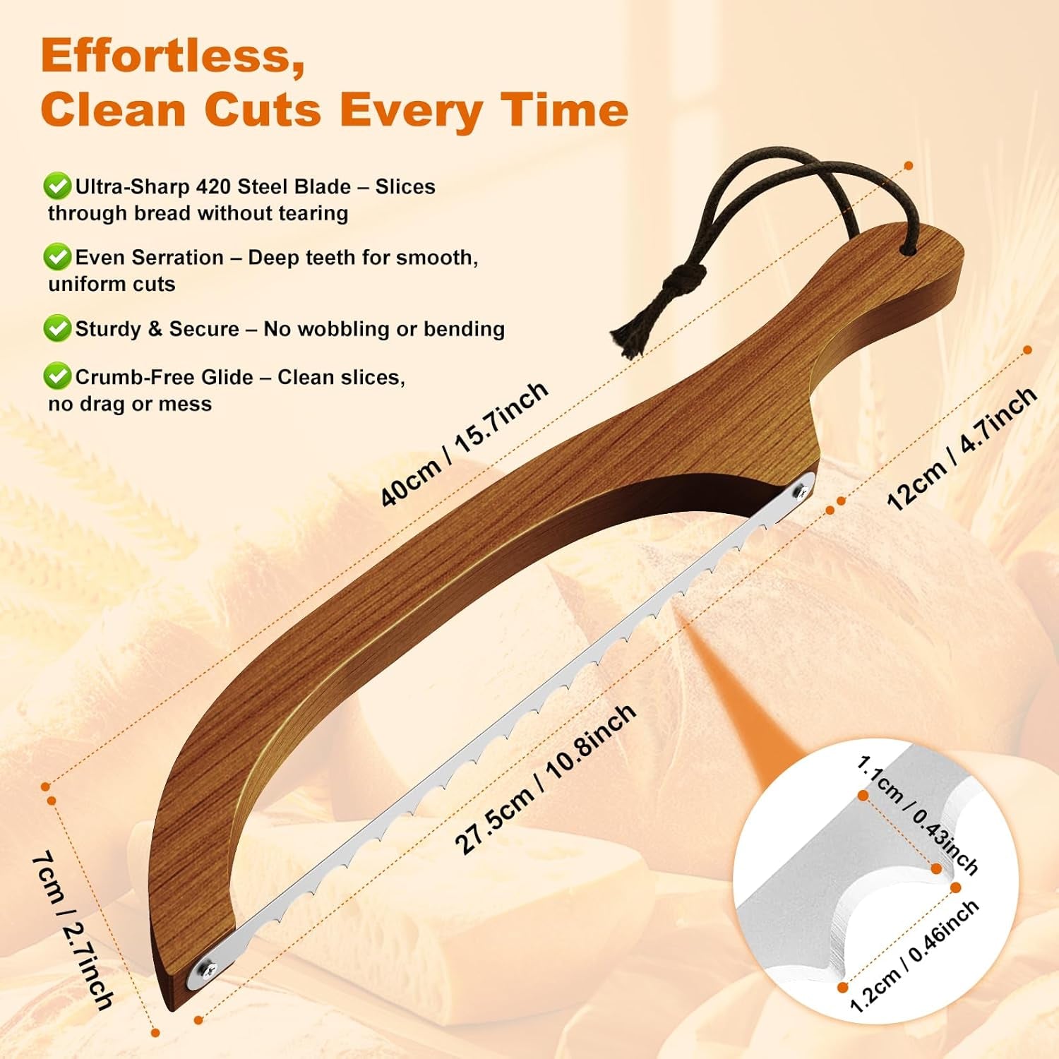 Bread Knife for Homemade Bread – 16" Walnut Bow Bread Cutter with Ultra-Sharp Serrated Stainless Steel Blade, Sourdough Bread Knife for Bagels, Baguettes, and Rustic Loaves - Walnut Color