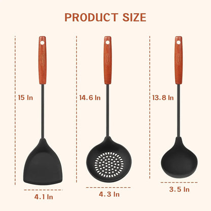 Wok Tools, Wok Utensil,Wok Spatula,Ladle,Skimmer Tool Set,Non Stick Heat-Resistant Silicone Cooking Utensils BPA Free Kitchen Utensils Cookware, Pack of 3,Black
