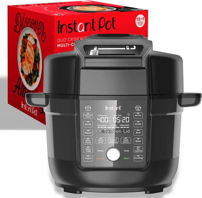 Instant Pot Duo Crisp 13-in-1 air fryer multi-cooker with digital control panel and red packaging