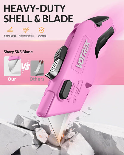 ® Box Cutter Utility Knife, 2-In-1 Safety Retractable Box Cutter for Women, Quick Change Razor Knife for Home, Office & DIY, Blade Storage Design, with Extra Sharp Razor & Hook Blades (Pink)