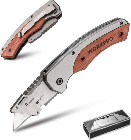 Folding Utility Knife, Quick-Change Box Cutter with Stainless Steel Head & Liner Lock, Wood Handle Razor Knife and Extra 10PC SK5 Blades