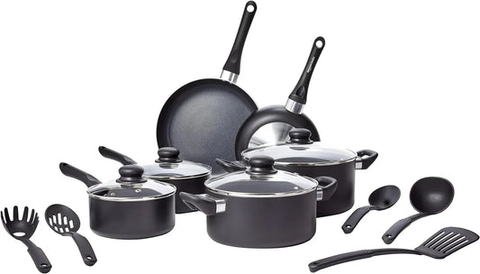 Non-Stick Kitchen Cookware 15-Piece Set with Stay-Cool Handles, Even Heating, Non-Induction, Includes Pots, Pans, and Utensils, Black