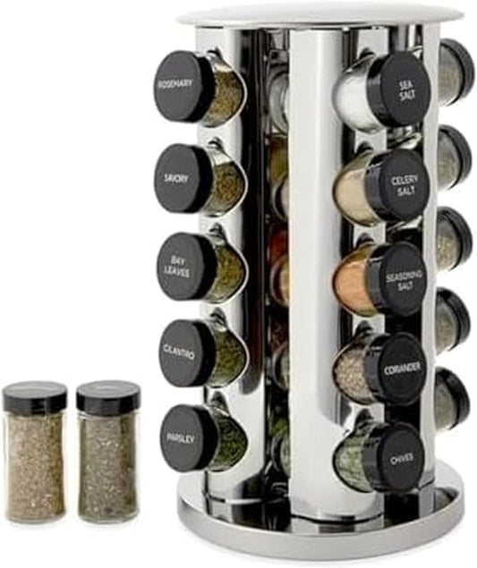 20 Jar Revolving Countertop Spice Rack with Spices Included, FREE Spice Refills for 5 Years, Polished Stainless Steel with Black Caps, 30020