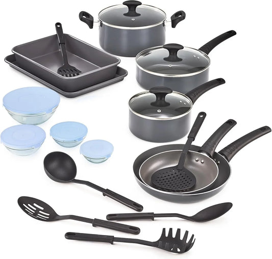 Cookware Set with Glass Lids with Nonstick, PFOA Free and Scratch Resistant Surface, Aluminum Bakeware, Pots and Pans, Storage Bowls & Utensils, Compatible with All Stovetops, 21 Piece, Gray