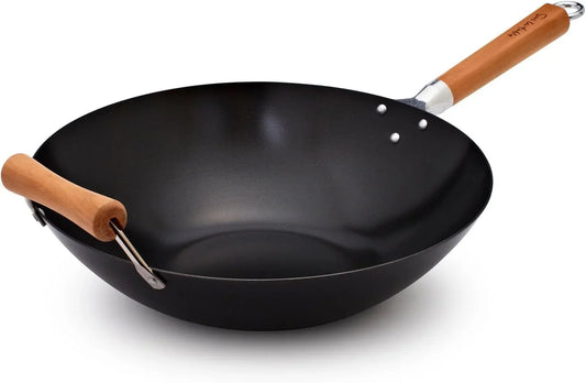 14" Nonstick Wok with Maple Handle – Steel Stir-Fry Pan with Flat Bottom for Even Heating, Healthy Cooking with Little to No Oil, Lightweight and Induction Compatible