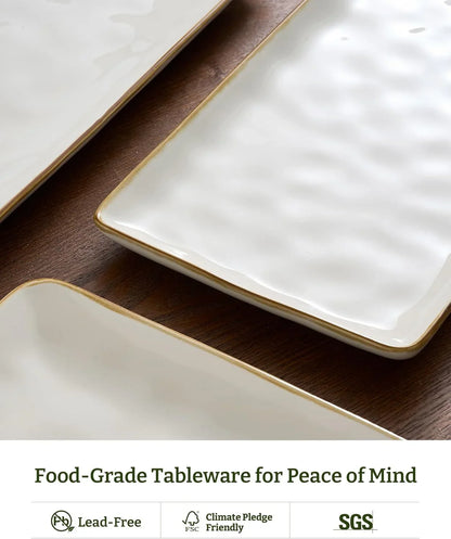 Serving Platter, Rectangular 15.67/14.1/12.6Inch Serving Dishes for Entertaining, Microwave Dishwasher Safe, Stoneware Serving Trays for Party, Turkey, Cheese, Ocean Series, Vanilla White