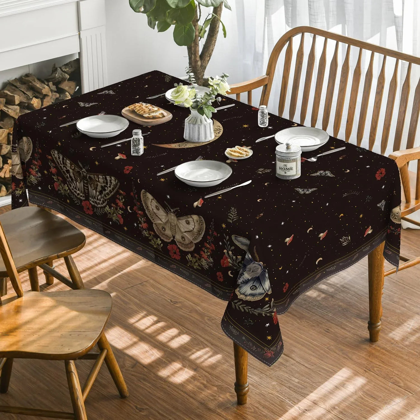 Butterflies Stars Moon Tablecloth 60×84 Inch Rectangular, Black Gothic Vintage Style Washable Table Cover for Party Dinner Patio Garden Picnic