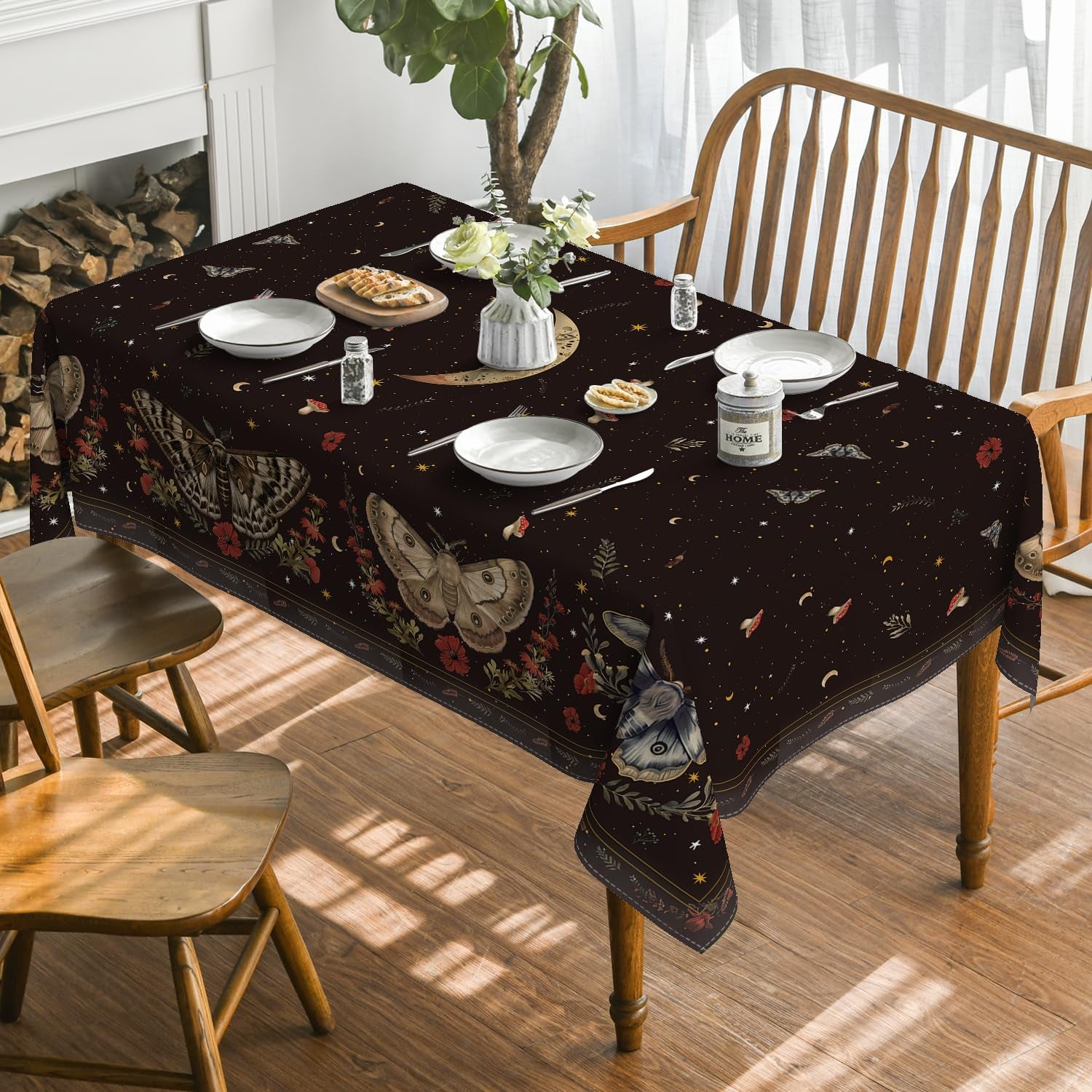 Butterflies Stars Moon Tablecloth 60×84 Inch Rectangular, Black Gothic Vintage Style Washable Table Cover for Party Dinner Patio Garden Picnic