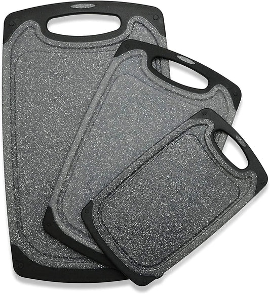 Plastic Cutting Boards Set of 3 Extra Large for Kitchen, Thick Chopping Board with Deep Juice Grooves, Non‑Slip Feet, Easy Grip Handle, BPA Free, Dishwasher Safe,Black