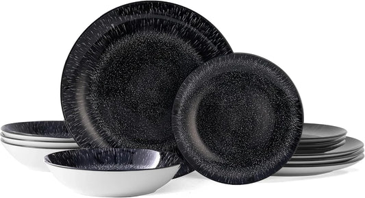 12-Piece round Porcelain Dinnerware Set, Service for 4, Chip Resistant Plates and Bowls,Black, Dishwasher & Microwave Safe for Home Daily Use