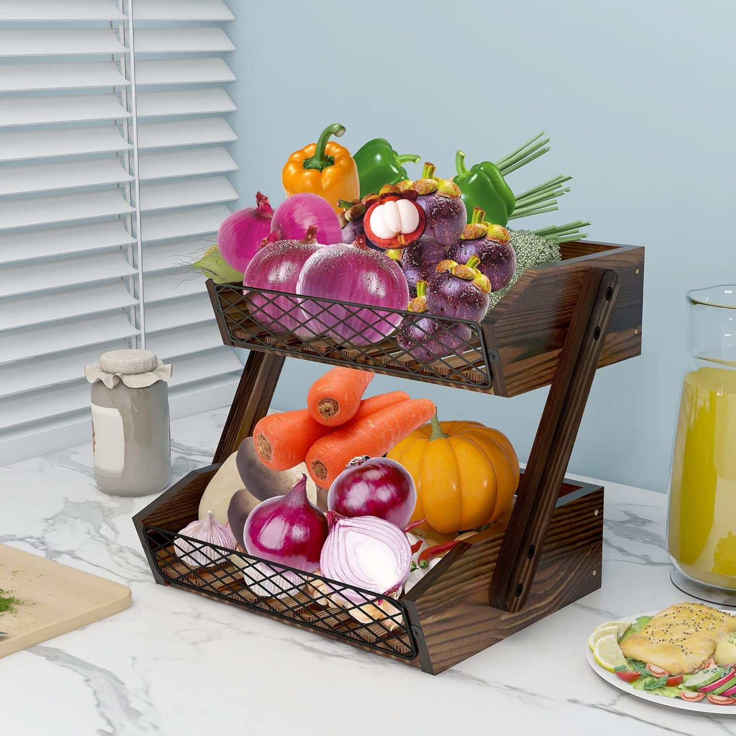 Fruit Basket for Kitchen, 2 Tier Fruit Bowl,Kitchen Counter Organizer,Wooden Vegetable Holder for Countertop,Bread Storage Basket Stand