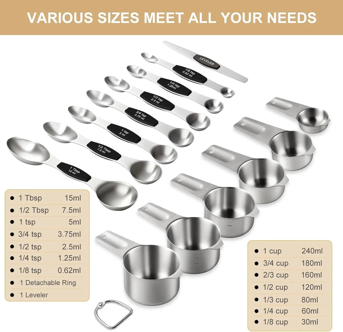 Stainless Steel Measuring Cups & Spoons Set,  Kitchen Tools Nesting Measuring Cups and Spoons, Fits in Spice Jars for Baking & Cooking, BPA Free, Set of 15 with Leveler, Black