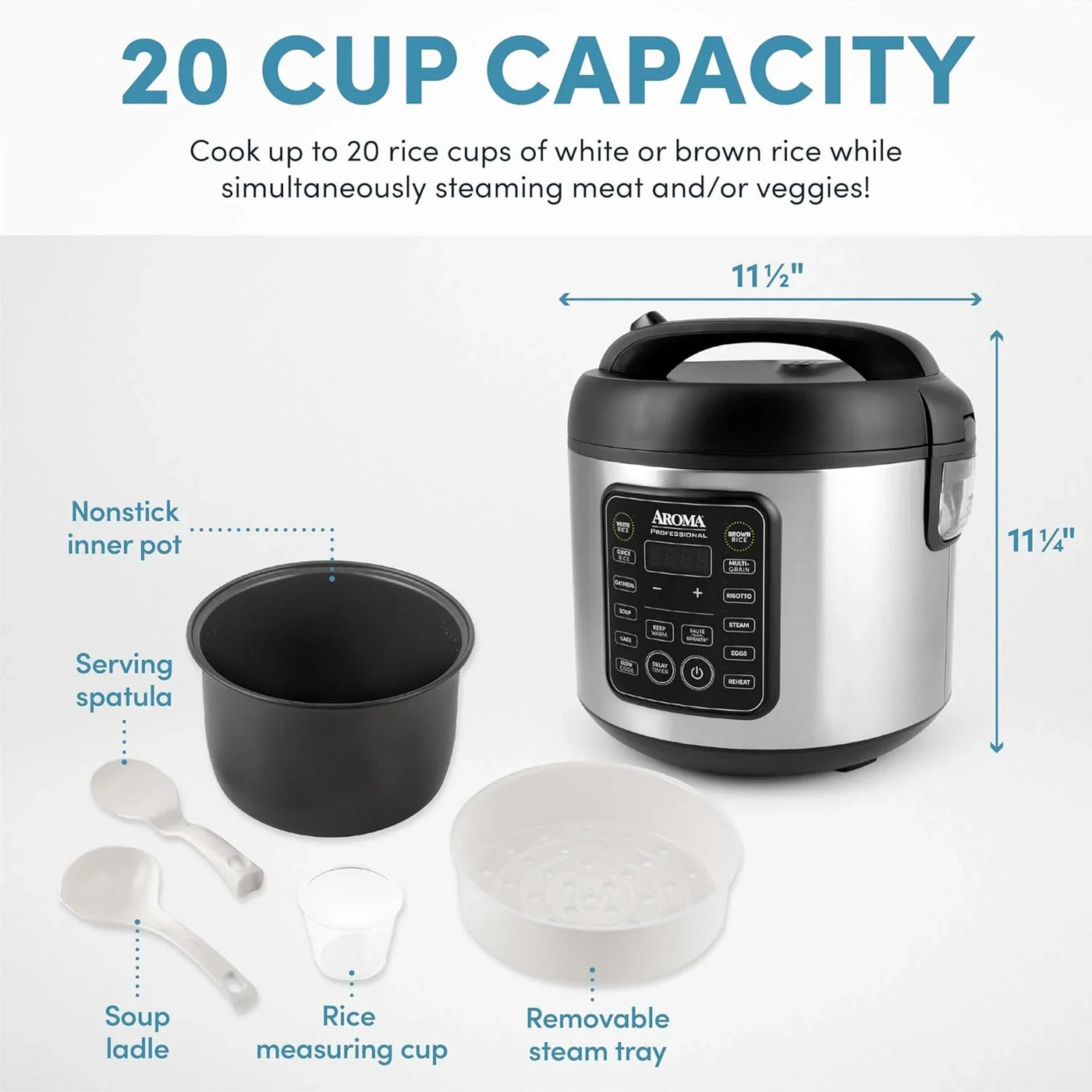 Housewares Professional plus ARC-5000SB 20 Cup (Cooked) Digital Rice Cooker, Food Steamer, Slow Cooker, Stainless Exterior/Nonstick Pot, Silver, Black, 10-Cup Uncooked/20-Cup Cooked/4Qt
