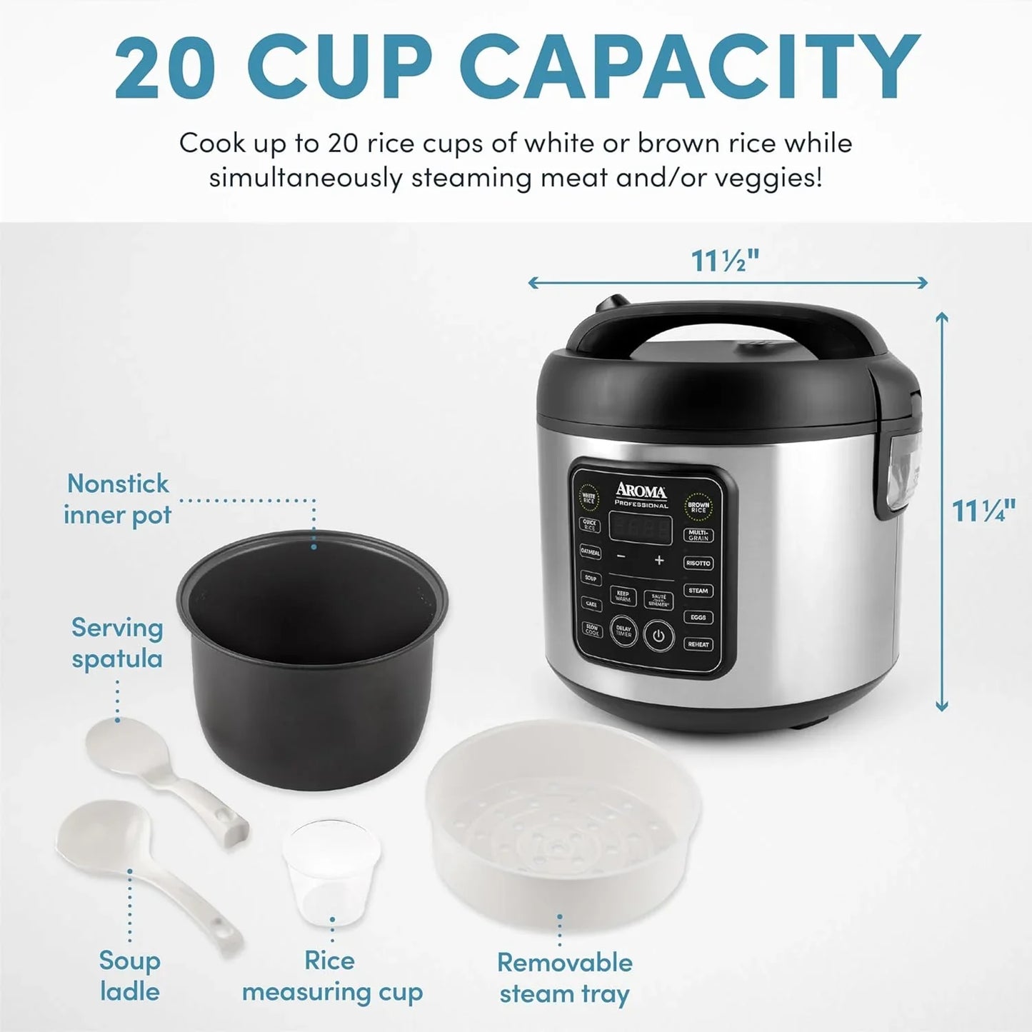 Housewares Professional plus ARC-5000SB 20 Cup (Cooked) Digital Rice Cooker, Food Steamer, Slow Cooker, Stainless Exterior/Nonstick Pot, Silver, Black, 10-Cup Uncooked/20-Cup Cooked/4Qt