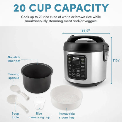 Housewares Professional plus ARC-5000SB 20 Cup (Cooked) Digital Rice Cooker, Food Steamer, Slow Cooker, Stainless Exterior/Nonstick Pot, Silver, Black, 10-Cup Uncooked/20-Cup Cooked/4Qt