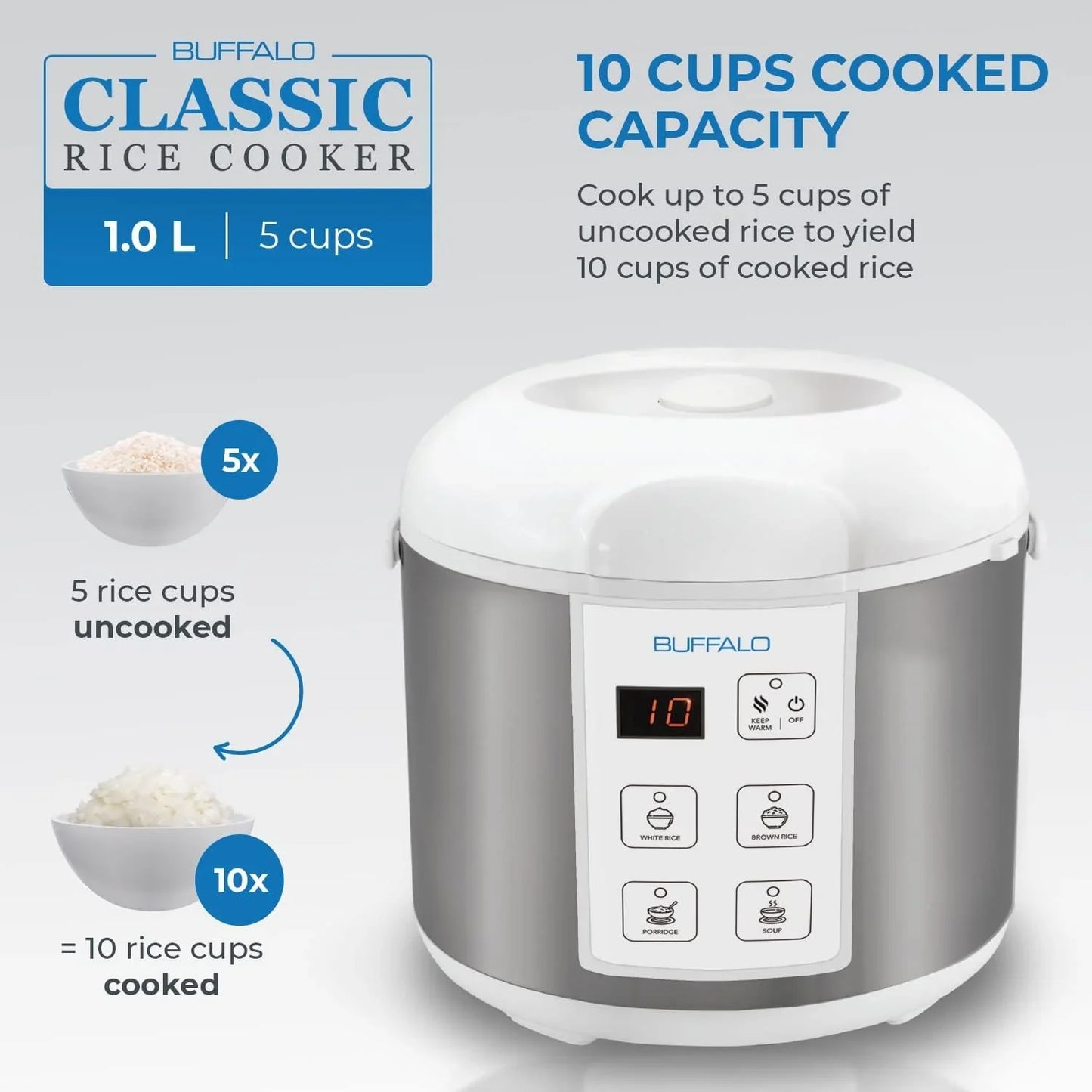 Classic Rice Cooker with Clad Stainless Steel Inner Pot - Electric Rice Cooker for White/Brown Rice, Grain - Easy-To-Clean, Non-Toxic & Non-Stick, Auto Warmer (5 Cup)