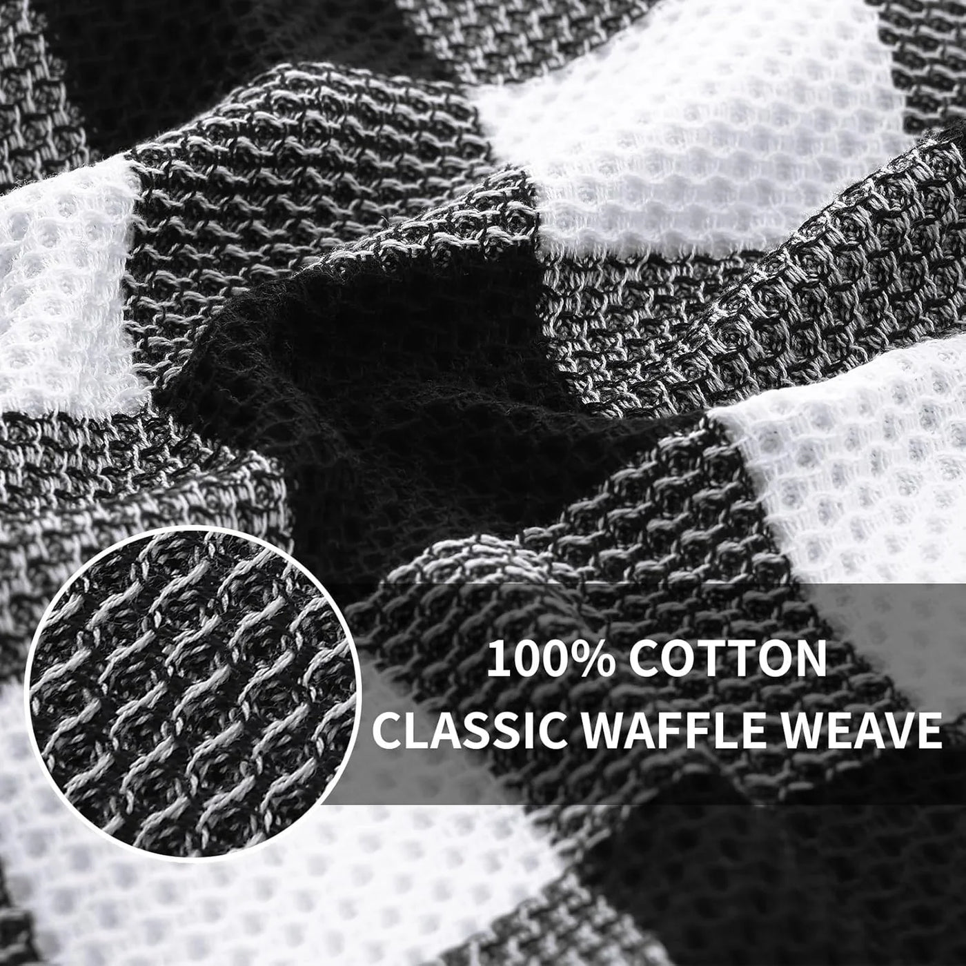 100% Cotton Waffle Weave Check Plaid Kitchen Towels, 13 X 28 Inches, Super Soft and Absorbent Dish Towels for Drying Dishes, 4-Pack, White & Black