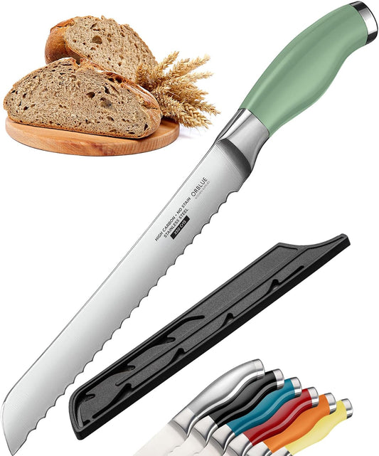 Serrated Bread Knife with Upgraded Stainless Steel Razor Sharp Wavy Edge Width - Bread Cutter Ideal for Slicing Homemade Bread, Bagels, Cake (8-Inch Blade with 5-Inch Handle) Green