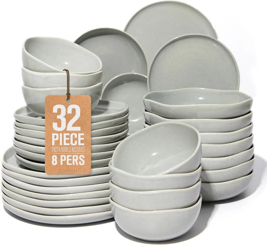 32 Piece Dinnerware Set for 8 with Pasta Bowls, Gray Green Reactive Glaze Stoneware | All‑In‑One Host Set for Entertaining, Holiday Meals, Multi‑Course Dish Set | Unique Irregular Look