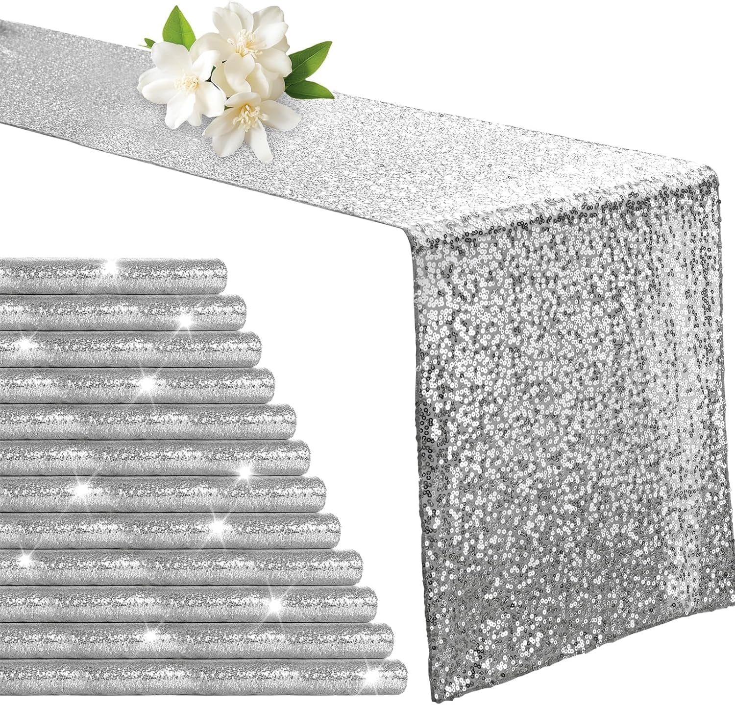 12 Pack Silver Sequin Table Runner 12" X 72", Glitter Sparkle Sequin Runners for Birthday Party Wedding Banquet & Baby Shower, Party Table Decorations Supplies