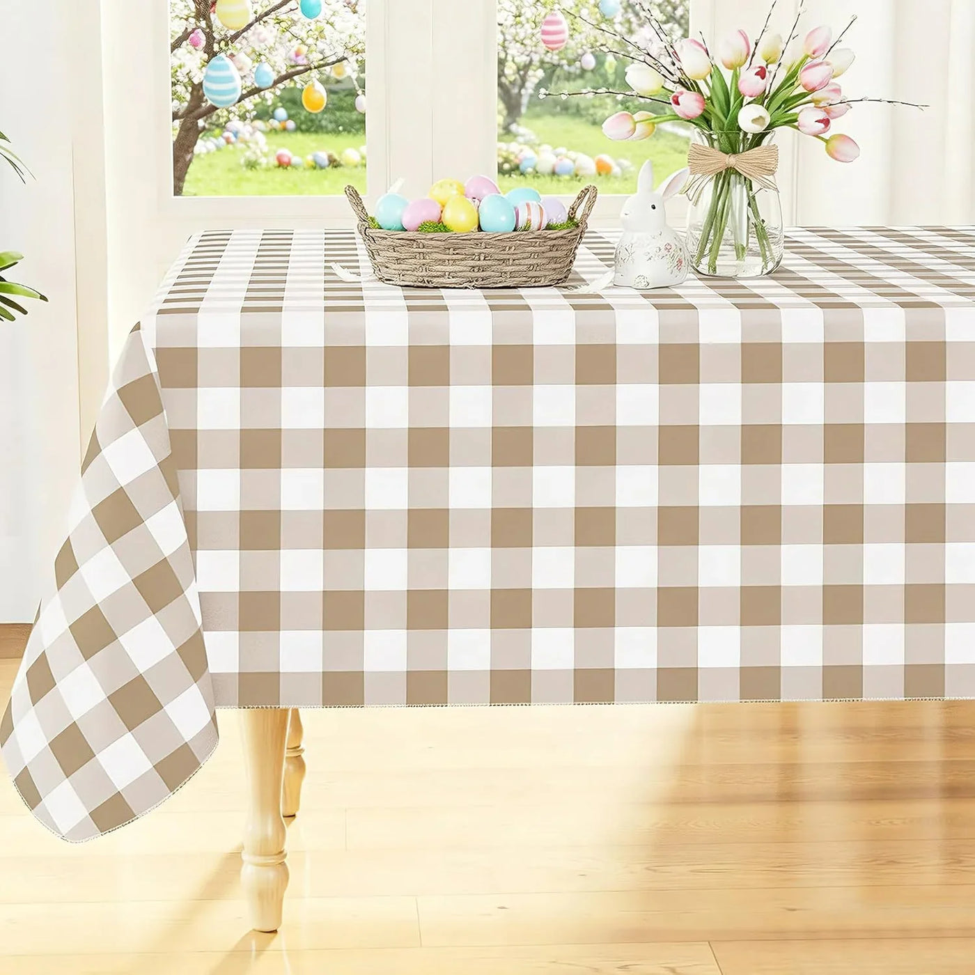 Rectangle Table Cloth, Waterproof Vinyl Tablecloths with Flannel Backing, Wipeable Buffalo Plaid Table Cover for Picnic, Indoor and Outdoor (Khaki & White, 60"X84")