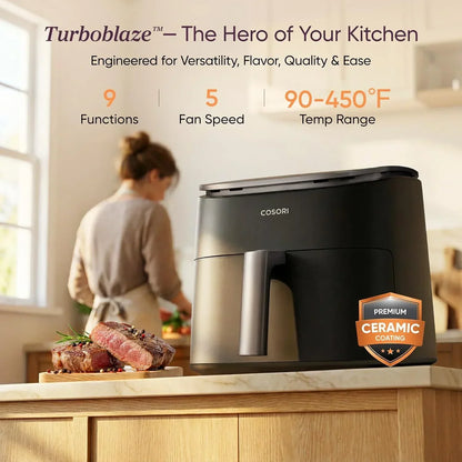 COSORI air fryer with ceramic coating, 9 functions, 5 fan speeds, 90-450°F temp range, kitchen countertop