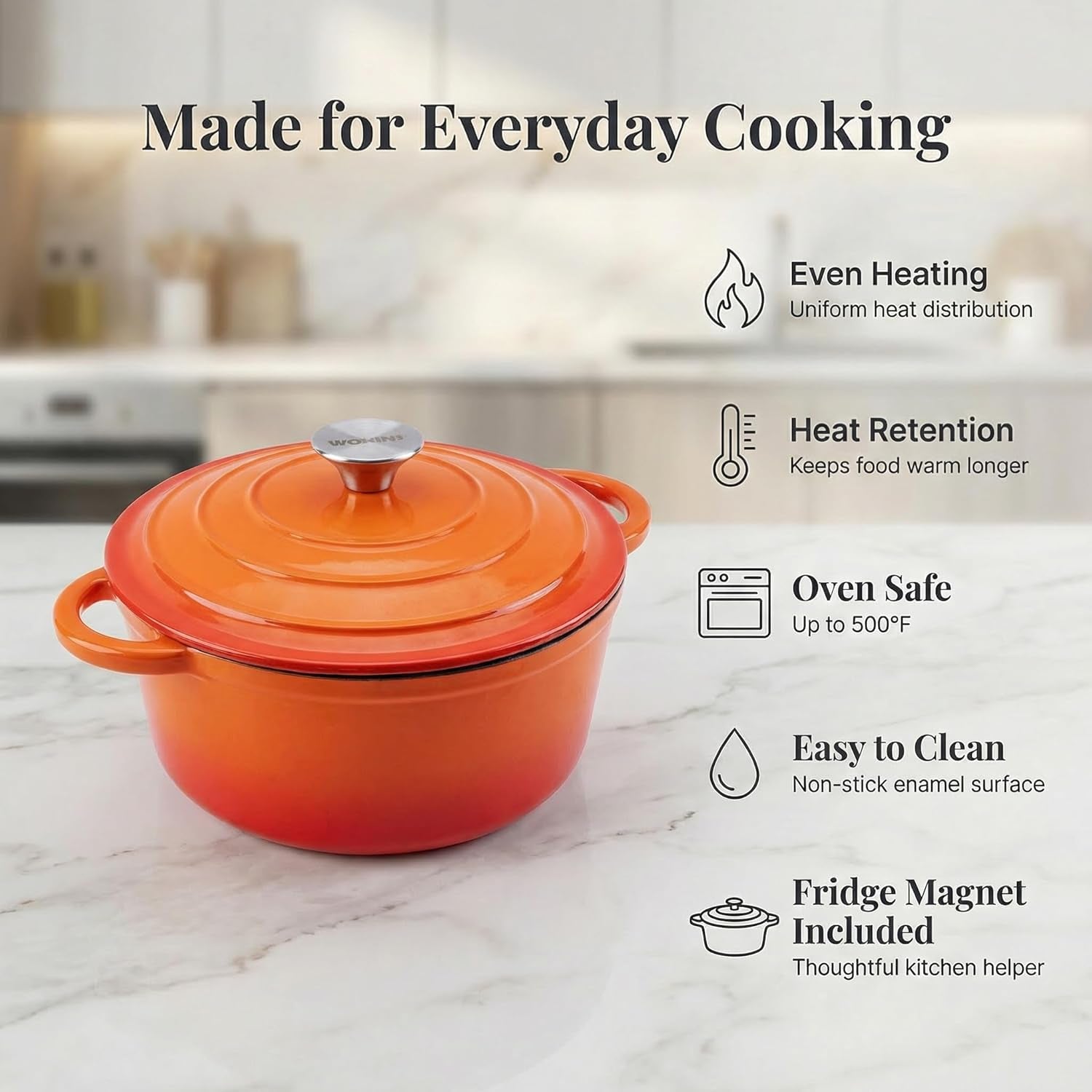 5.5QT Enameled Cast Iron Dutch Oven Pot with Lid,Heavy-Duty Cookware for Sourdough Bread Baking,Braising,Stews,Roasting,Oven Safe up to 500°F,Orange