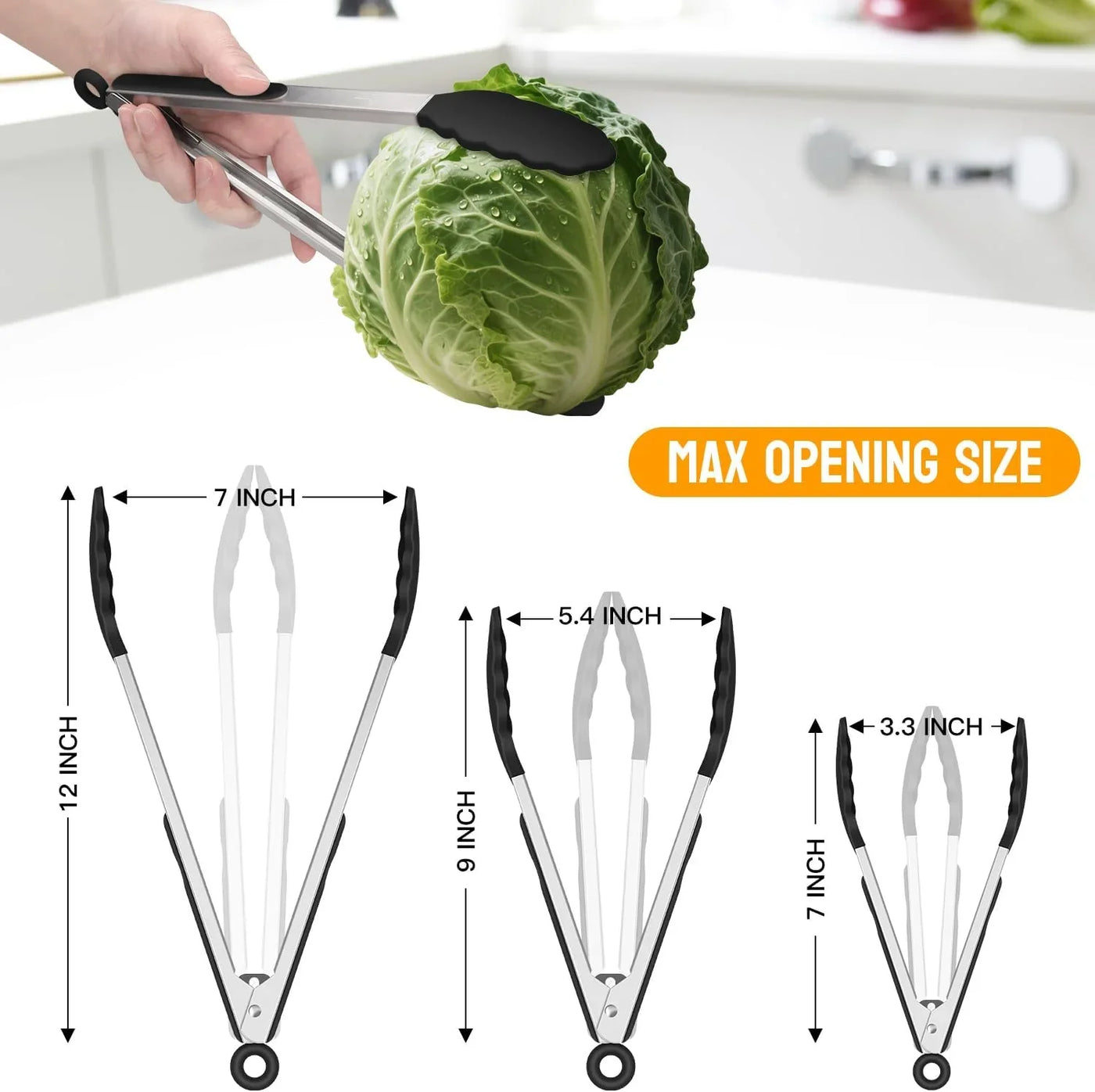 Premium Stainless Steel Locking Kitchen Tongs with Silicon Tips, Heat Resistant Cooking Tongs Set of 3-7", 9" and 12" (Black)